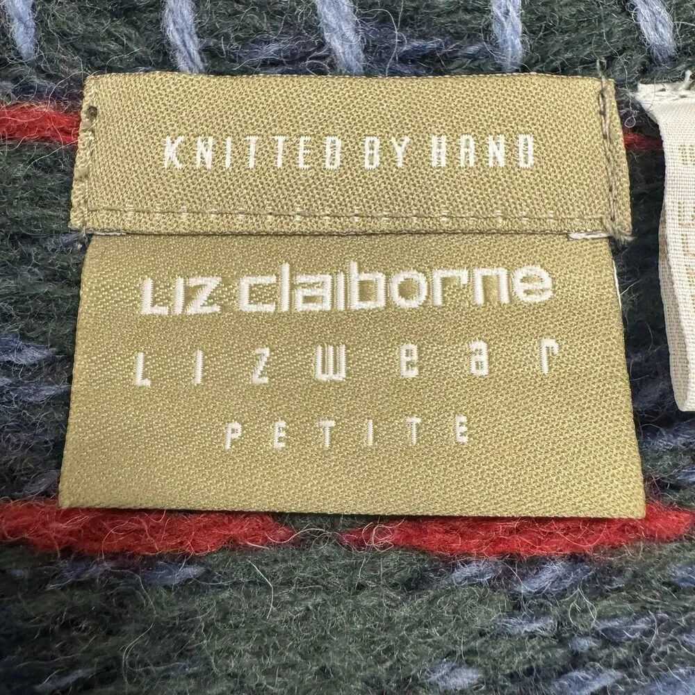 Vtg Liz Claiborne 100% Wool Granny Sweater MP Patchwork Hearts Winter Hand Knit - Picture 5 of 6